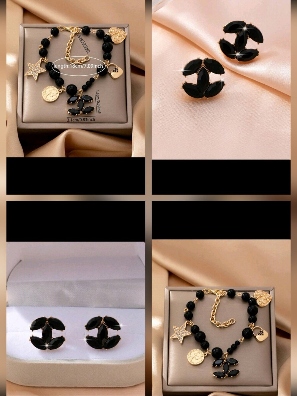 Fashion nspired Black Crystal Stud Earrings and Charm Bracelet Set - Picture 2 of 12